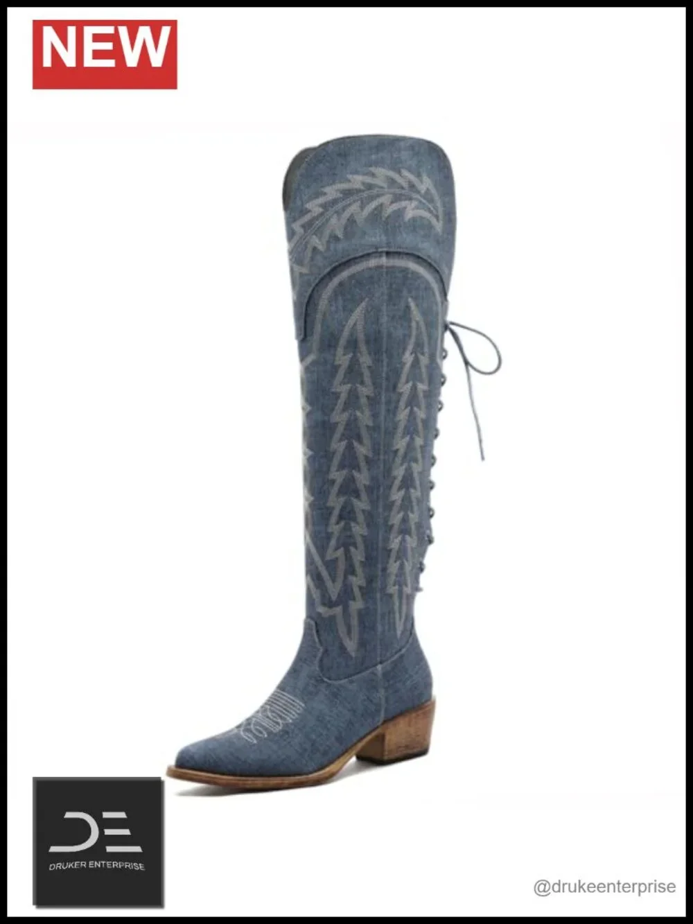 Women's Over Knee Thigh High Cowgirl Boots Low Heel Pointed Toe Faux Leather